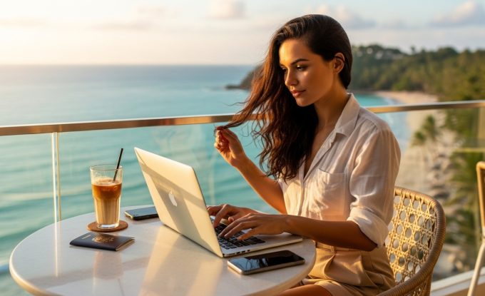 Person working on laptop at outdoor café with mountain view — workcation lifestyle 2026