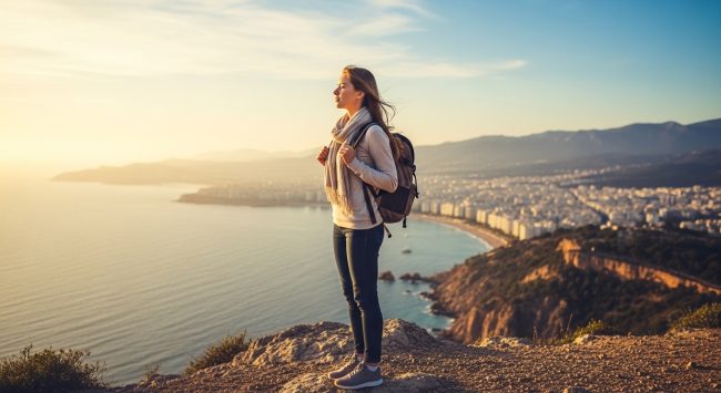 Woman traveling solo with backpack overlooking a coastal city — solo female travel 2026