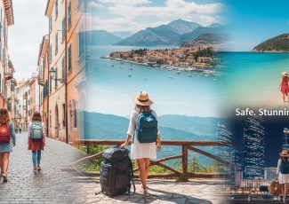 Woman traveling solo with backpack overlooking a coastal city — solo female travel 2026