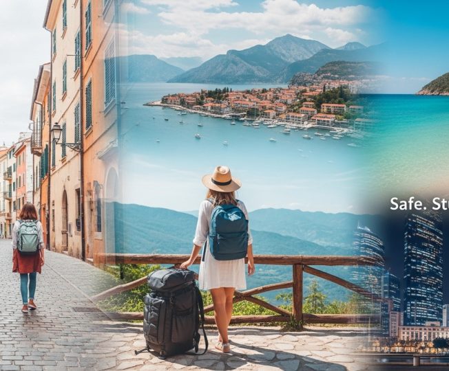 Woman traveling solo with backpack overlooking a coastal city — solo female travel 2026