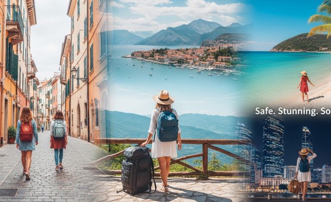 Woman traveling solo with backpack overlooking a coastal city — solo female travel 2026