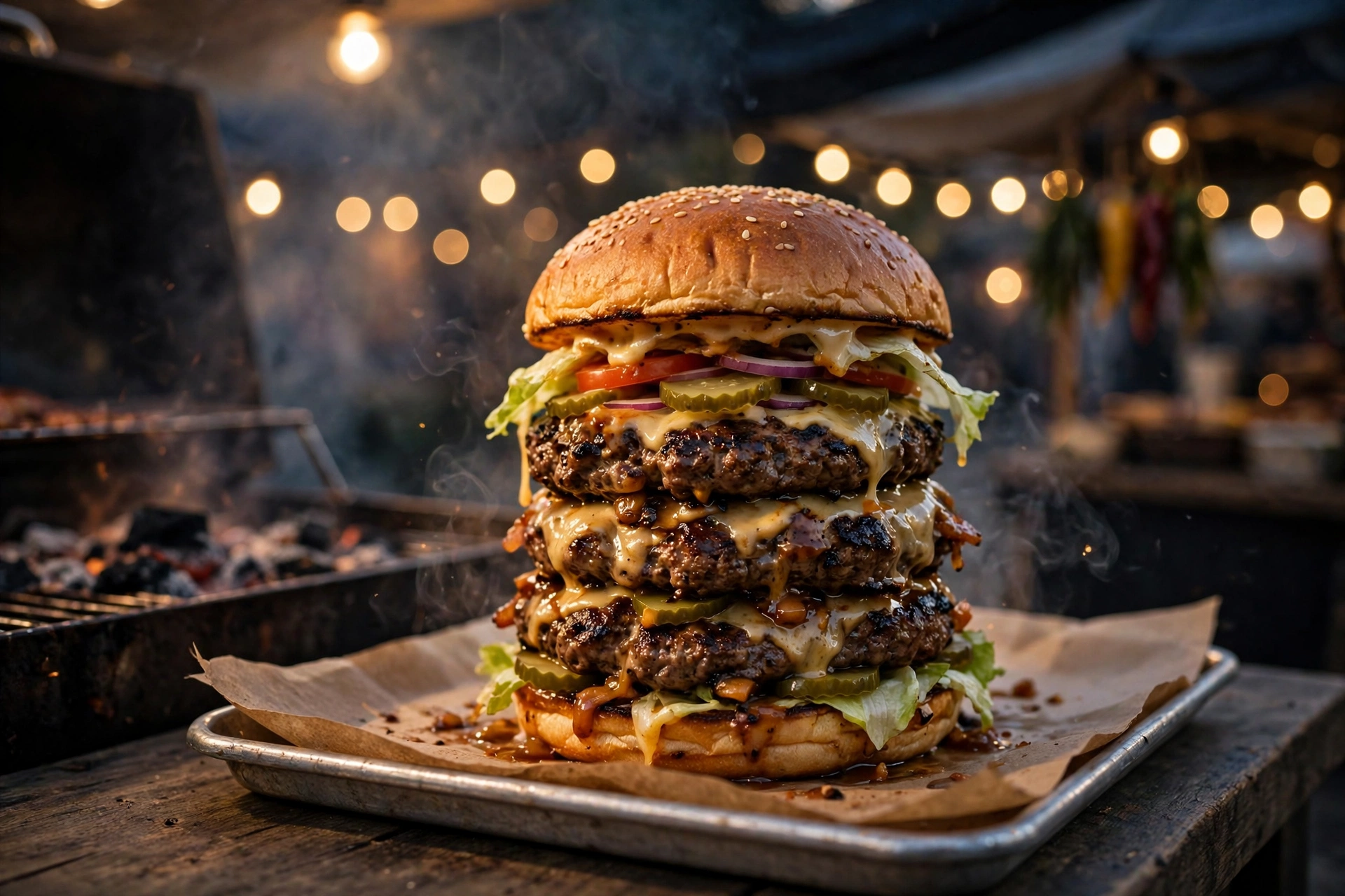 Charcoal-grilled street-style beef burger tower at Burger Fest, Islamabad