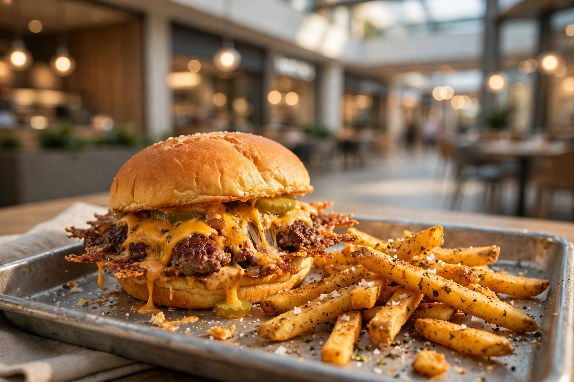 Smash burger in a potato bun with fries at Burger Lab, Centaurus, Islamabad