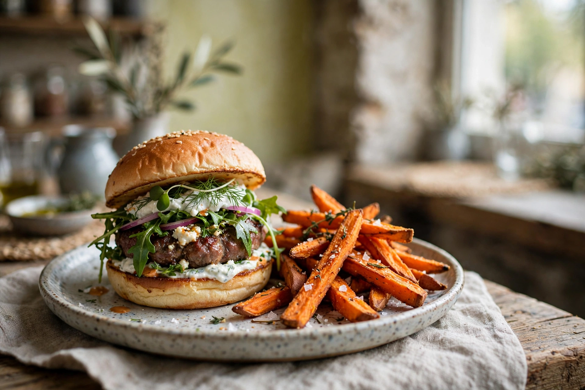 Gourmet lamb burger with sweet potato fries at Cafe Rustic, E-7