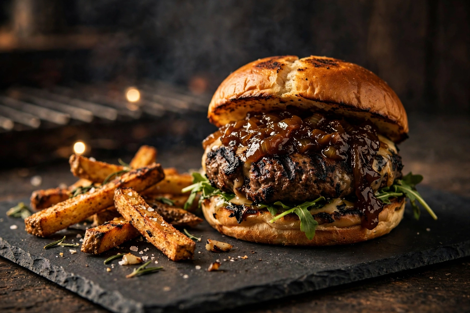 Char-grilled beef burger with grill marks and onion jam at Char Grill Central