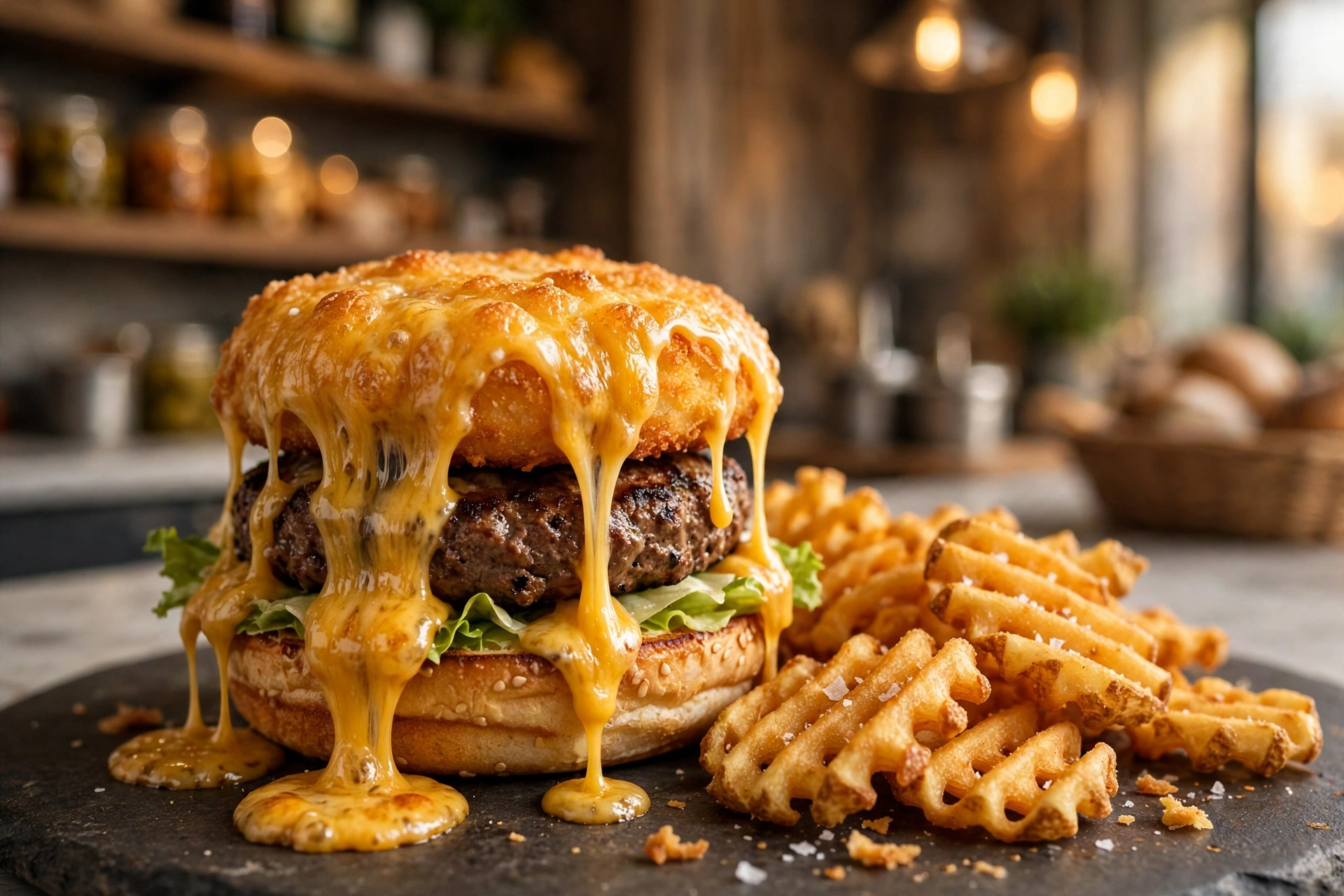 Molten lava burger with a fried cheese patty at Daily Deli Co., Blue Area