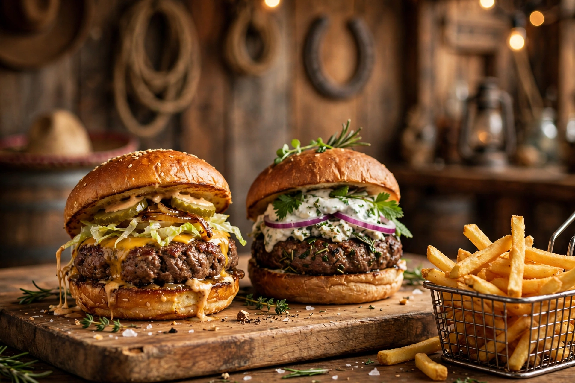 Cowboy-themed burger joint table with a stacked beef burger and fries