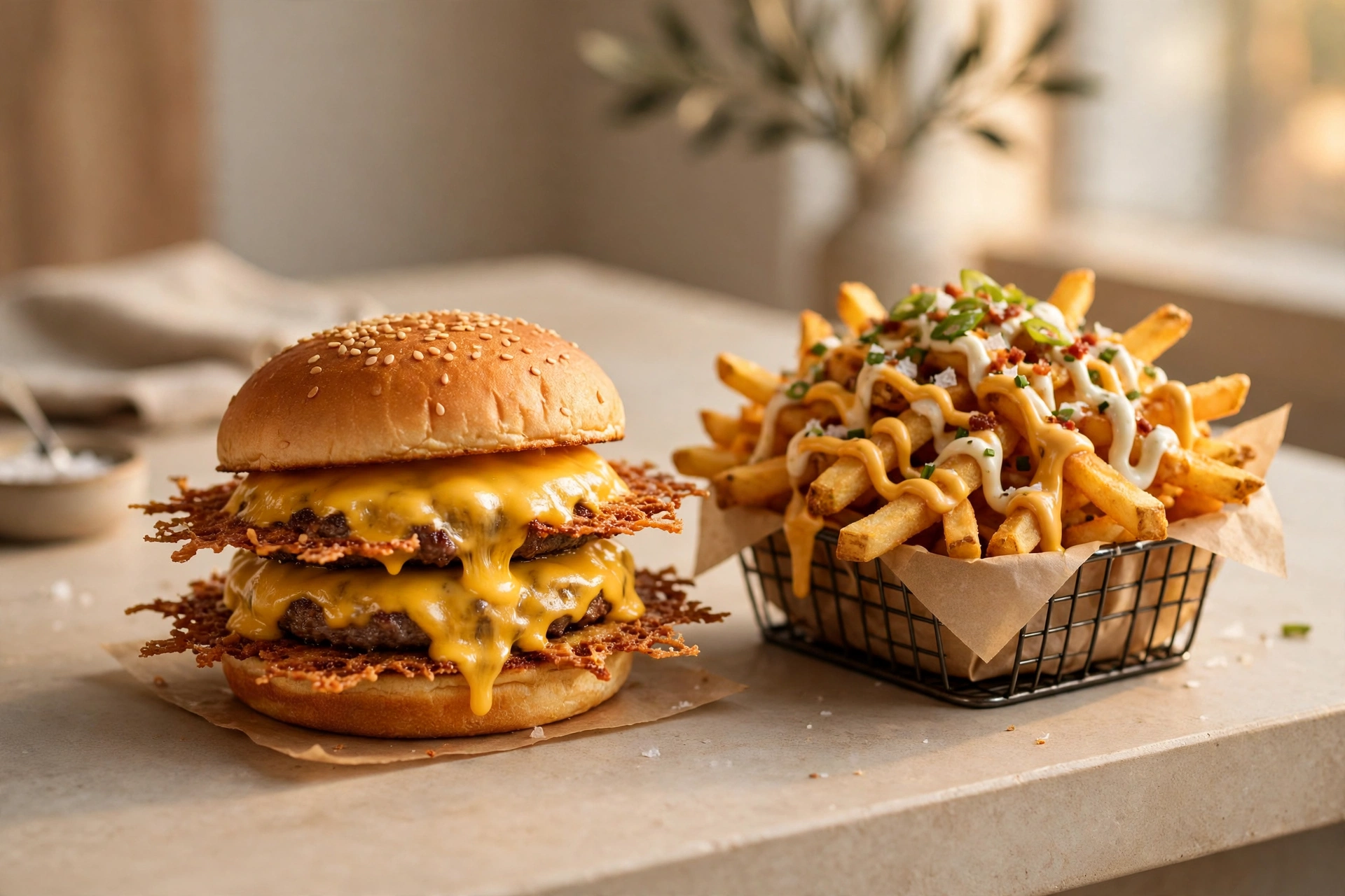 Smash burger with crispy lacy edges and loaded fries at The Burger Co., F-11