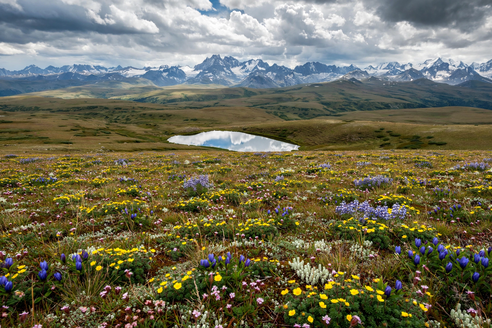 Wildflower-covered Deosai plateau with Sheosar Lake and distant mountains