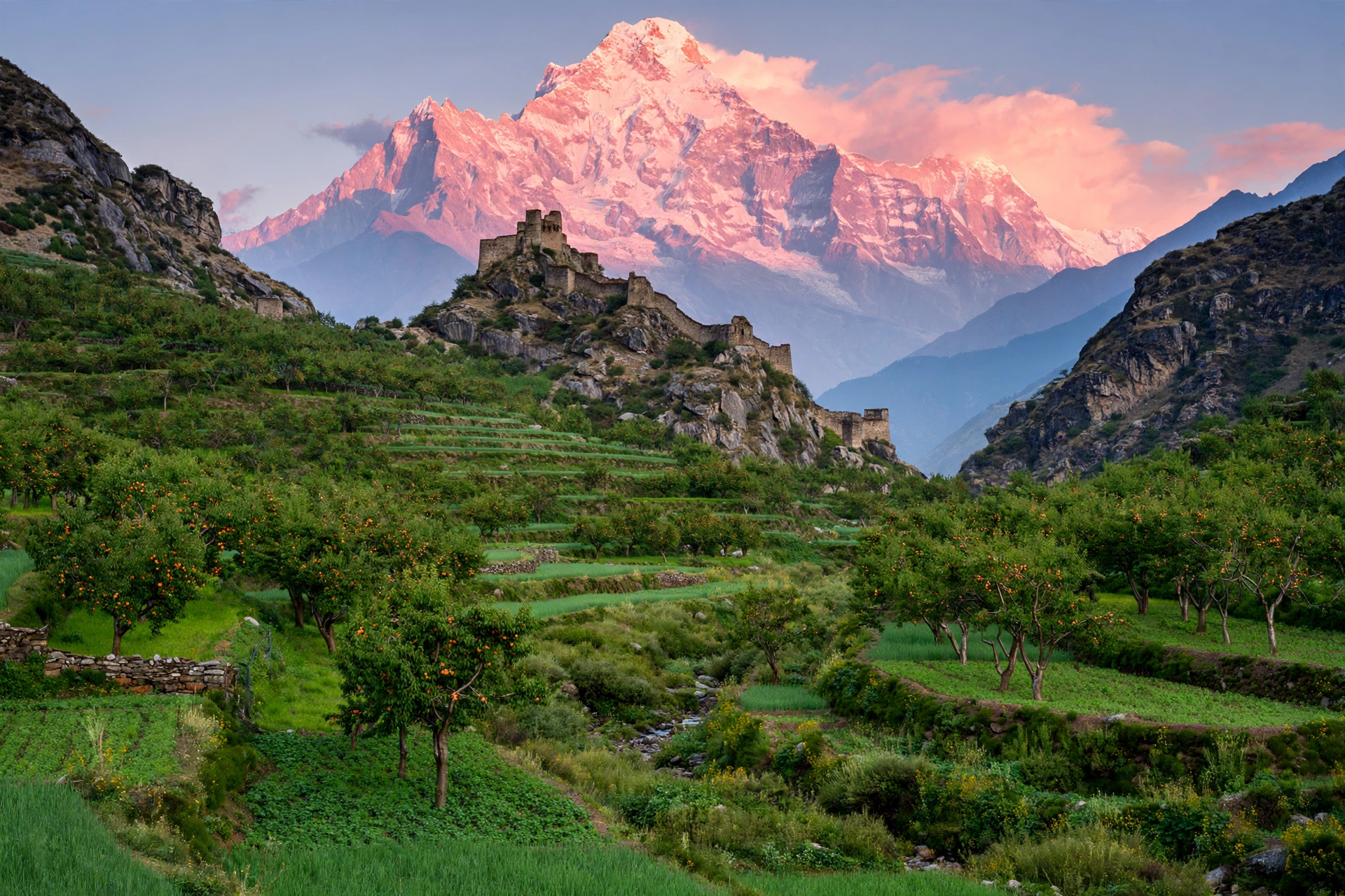 Terraced fields and apricot orchards in Hunza Valley beneath snow-capped Rakaposhi