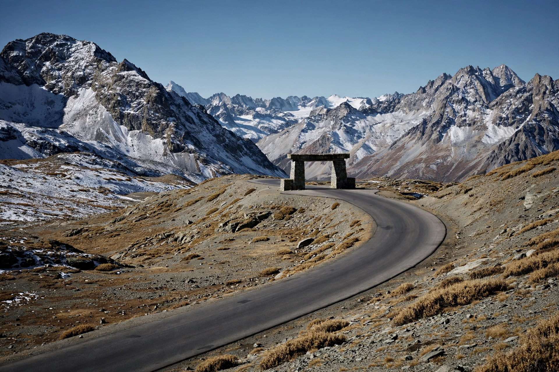 Khunjerab Pass border gate at 4,693 metres with flags and a high mountain road
