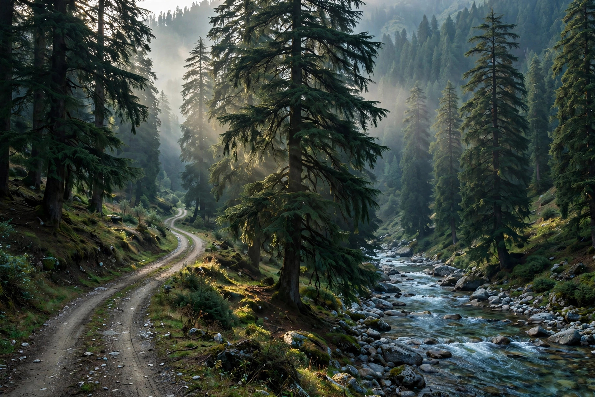 Deodar cedar forest and clear Panjkora River in Kumrat Valley