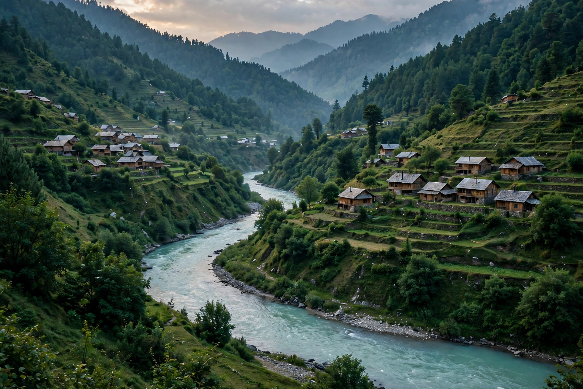 Lush green Neelum Valley with wooden houses above the river