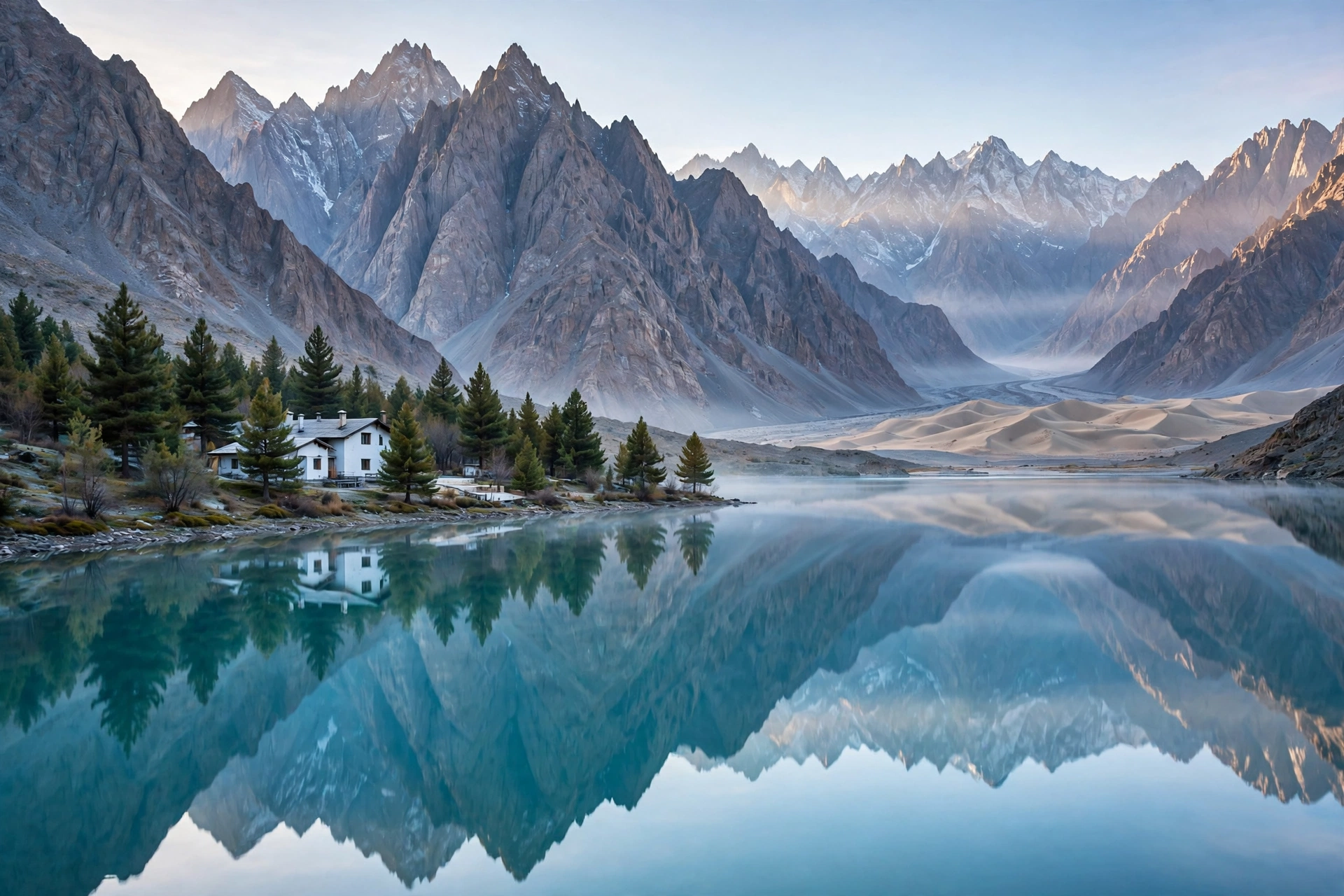 Turquoise Shangrila Lake surrounded by mountains near Skardu
