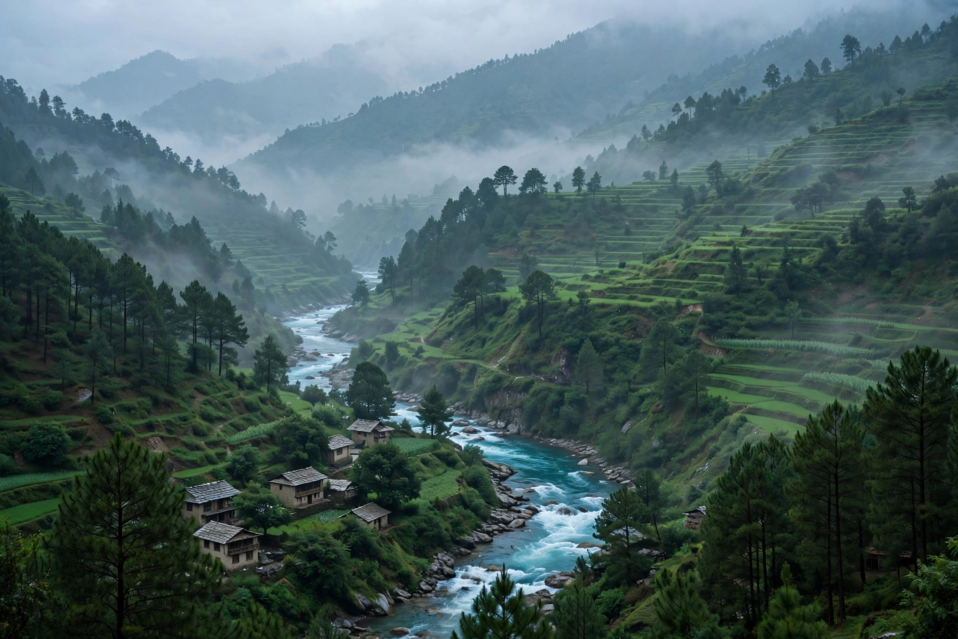 Emerald Swat River winding through pine forests and a green valley