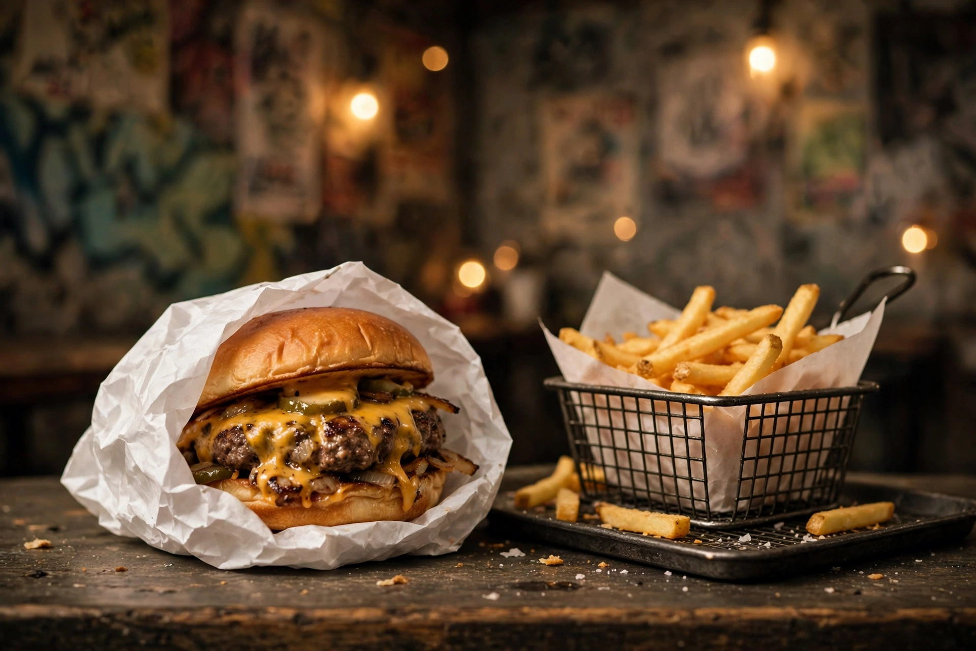 Cheeseburger wrapped in paper at the hidden Burger Joint behind a hotel curtain