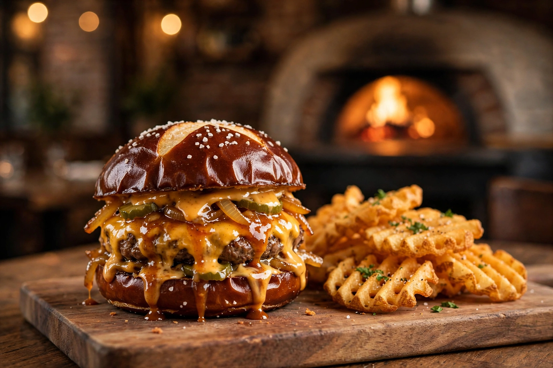 Emmy Burger in a pretzel bun with waffle fries at Emily, Clinton Hill