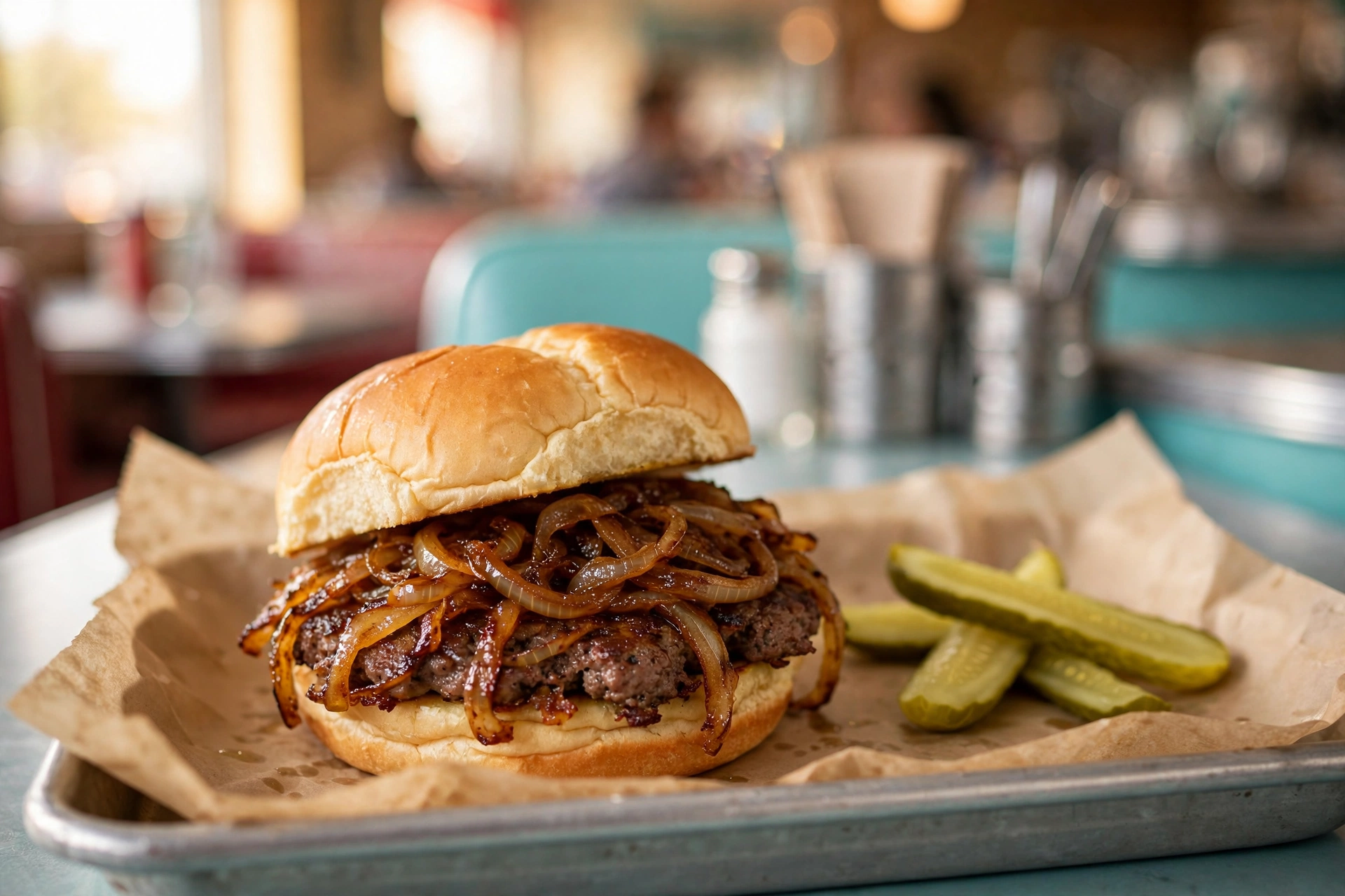 Oklahoma-style fried onion smash burger on a potato roll at Hamburger America