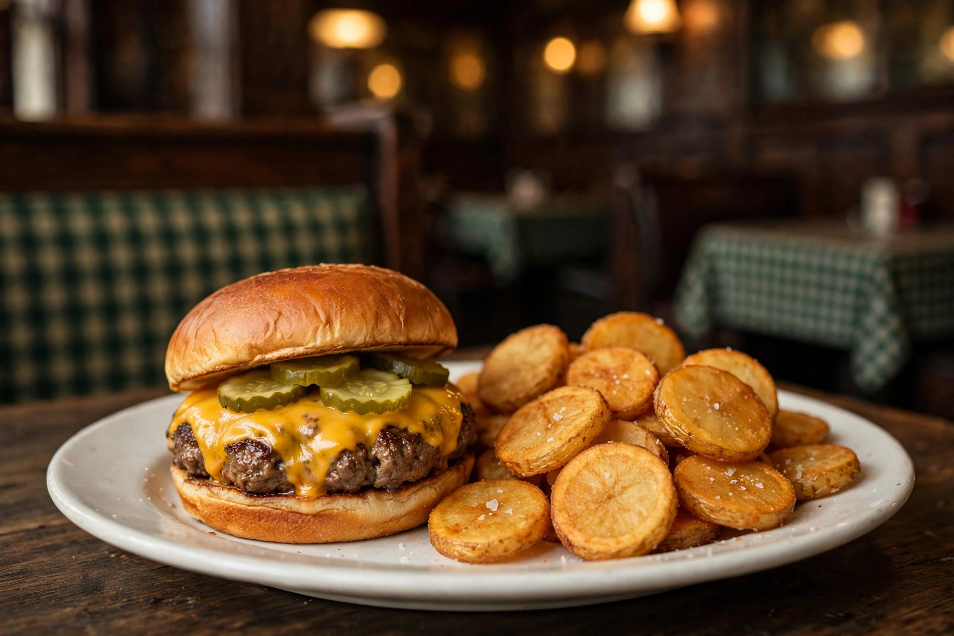 Flat-top griddle cheeseburger with cottage fries in a green-checked New York tavern