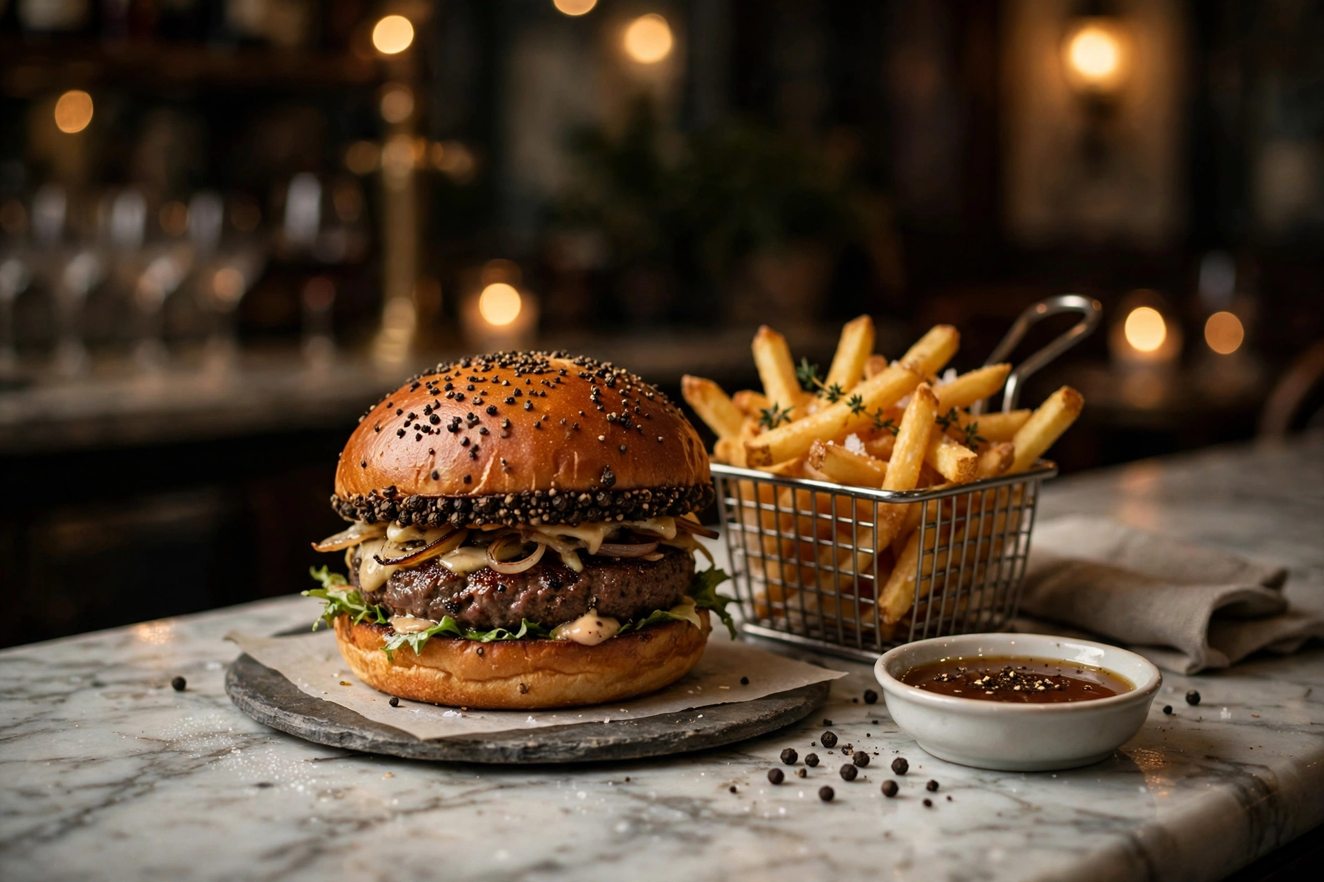 Burger Au Poivre with duck-fat fries at Raoul's, SoHo