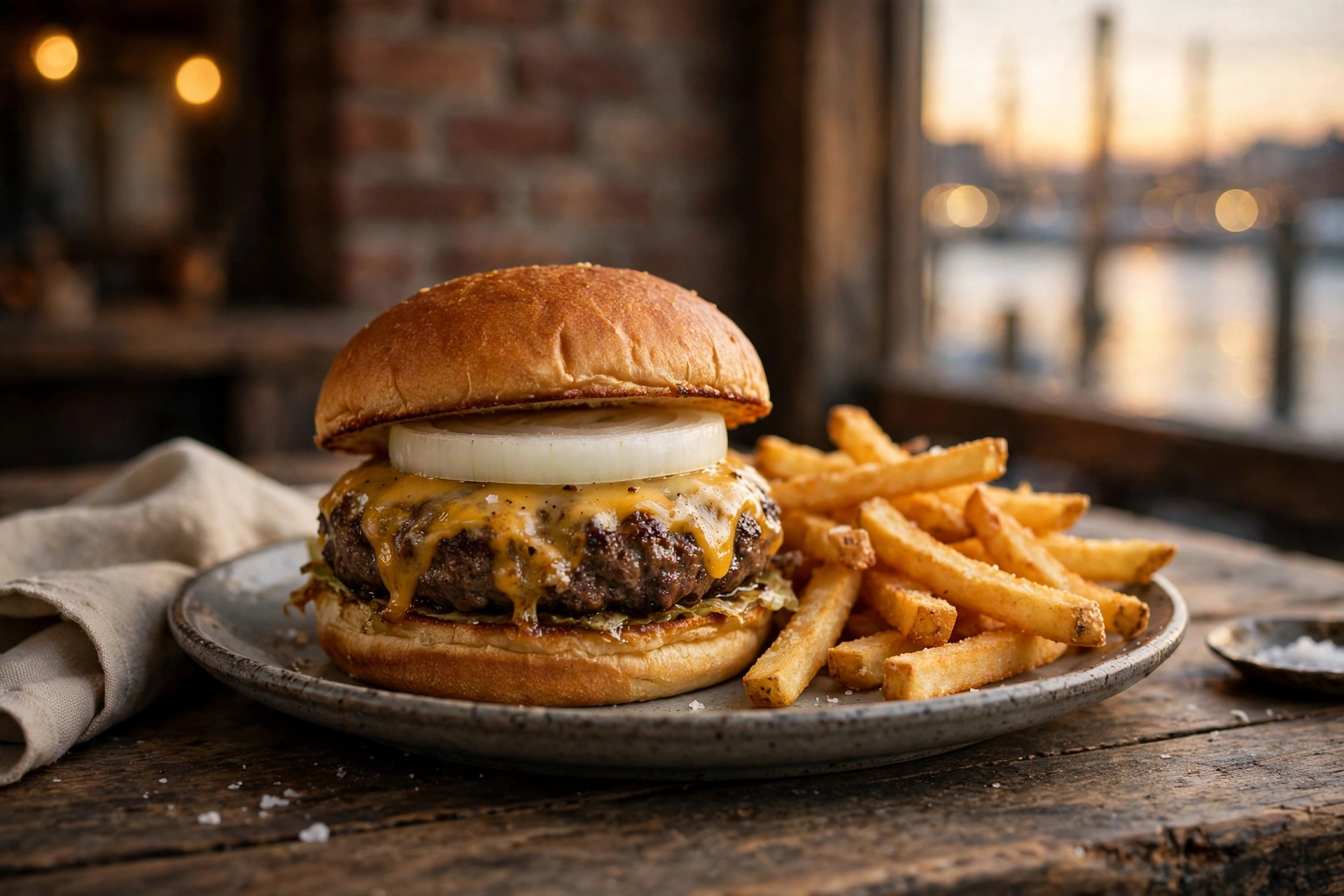 Dry-aged burger with American cheese and raw onion at Red Hook Tavern, Brooklyn