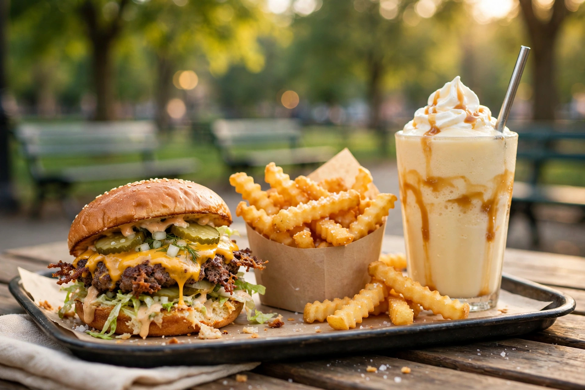 ShackBurger with crinkle fries under the trees at Shake Shack, Madison Square Park