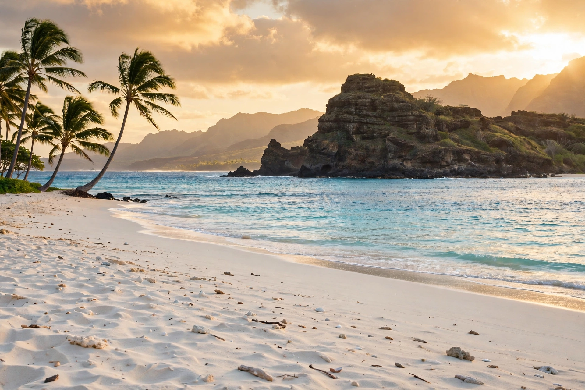 Palm-fringed beach with clear turquoise water on Maui, Hawaii