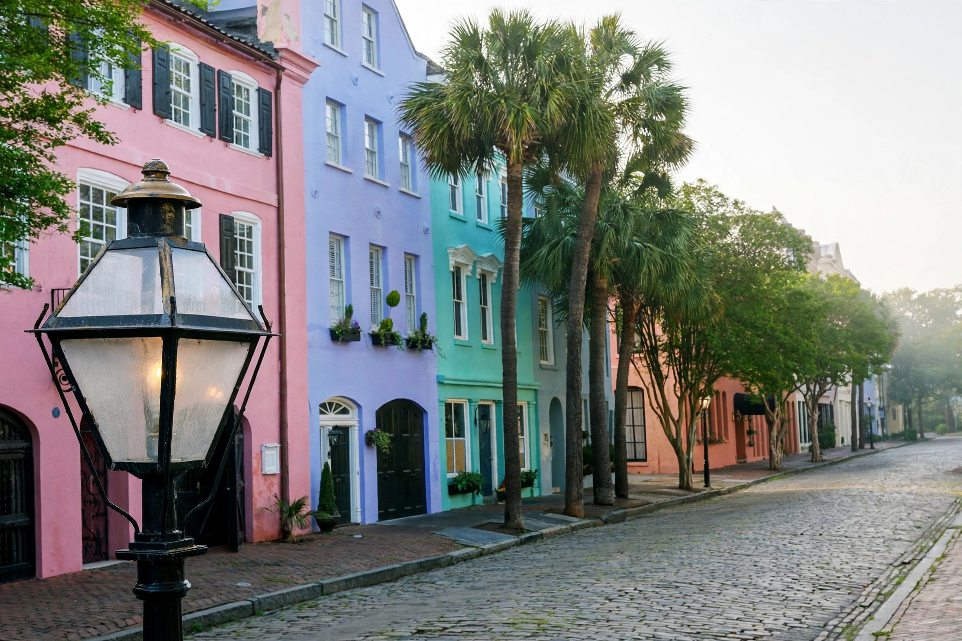 Pastel Georgian houses of Rainbow Row on East Bay Street, Charleston