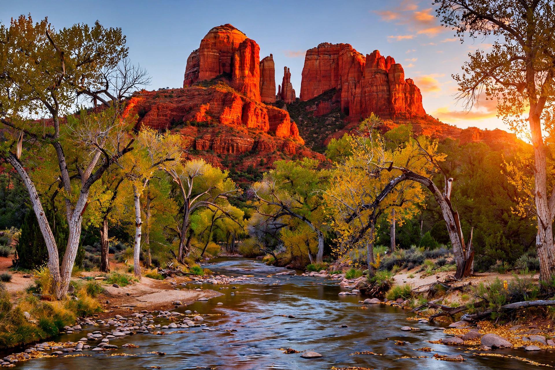 Red-rock Cathedral Rock glowing at sunset in Sedona, Arizona