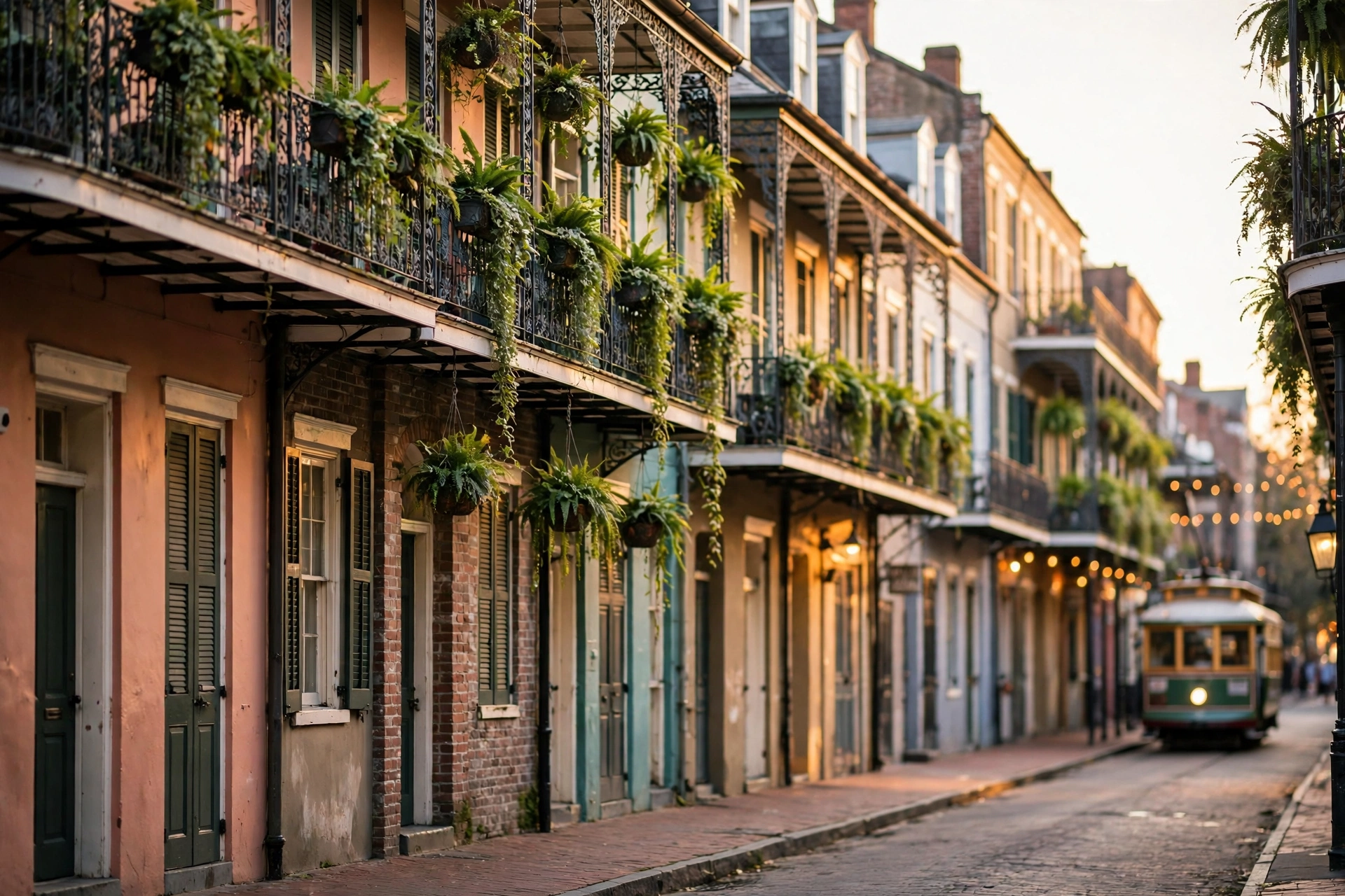 French Quarter balcony with wrought iron and a jazz street scene in New Orleans