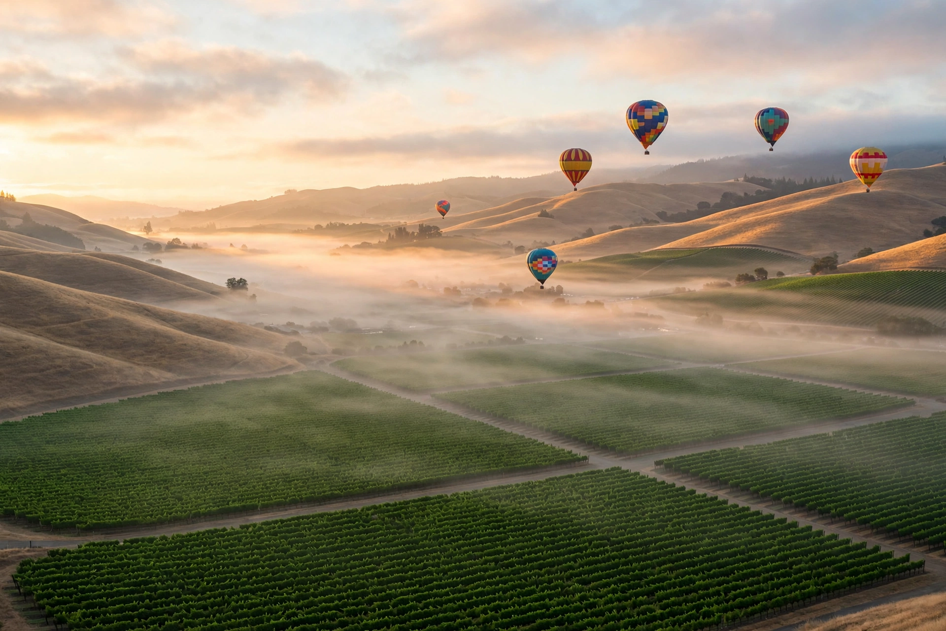 Vineyard rows and golden hills in Napa Valley wine country